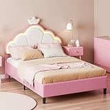 DAHUEN Polsterbett 140x200 für Kinder mit LED-Beleuchtung, Kinderbett Bettgestell für Mädchen mit Verstellbares Crown-Kopfteil, Prinzessin Bett Rosa mit Lattenrost, Flanell (Rosa, 140×200cm)