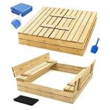 Sandkasten mit Deckel 120x120 aus Holz Sandbox Spielzeug Sandkiste mit Sitzbänken Spielzeug Garten