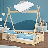 ML-Design Kinderbett Tipi 80x160 cm Natur mit Matratze, Rausfallschutz und Lattenrost, aus Kiefernholz, Indianer Bett für Mädchen & Jungen, Hausbett mit Zaun, Bodenbett Jugendbett Spielbett Holzbett