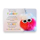 Endlich Schulkind! Mut-Monster FLOBBY, Geschenk Einschulung, Glücksbringer, Mutmacher, Schultüte, Lernhelfer, Anhänger Mäppchen oder Ranzen (Beere)