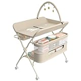 Supfine Wickeltisch klappbar, Mobiler Wickeltisch mit Seitlichem Korb und Kleiderstange, Höhenverstellbar, mit Feststellbaren Rollen und 3 Hängende Sterne (Creme, 5 in 1)