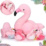 20 Zoll Plüsch Flamingo Stofftier Mami Flamingo mit 4 Baby Flamingo und 1 Flamingo Ei Inneren mit Reißverschluss Bauch Rosa Flamingo Spielzeug für Weihnachten Valentinstag Gastgeschenke