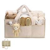 Wickeltasche Organizer, Wickeltisch Organizer, Tragbarer Wickelkorb mit Herausnehmbaren Fächern, Plüsch Wickelorganizer mit Griffen, Baby Aufbewahrungskorb für Wickel und Babysachen (Cremefarben)