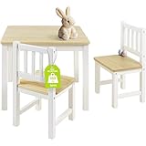 Bomi Kindersitzgruppe Holz Amy | Kindertisch mit 2 Stühlen | Tisch & Stühle Kinderzimmer Set | Spieltisch ab 1 Jahr | Kindertisch für drinnen | Maltisch & Basteltisch Kinder | Kindermöbel Weiß Natur