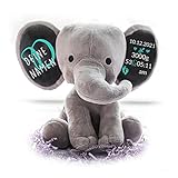 Personalisierte Geschenke Baby Elefant Junge Kuscheltier Mädchen Plüsch Geschenkidee zur Geburt & Taufe personalisiert mit Namen Geburtsdaten Taufspruch (Grau)