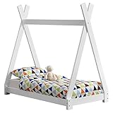 [en.casa] Kinderbett Onejda in Tipi-Design Bodenbett Jugendbett aus Kiefernholz Weiß 70 x 140 cm