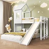 FEZTOY Kinderbett Etagenbett 90×200 & 140×200 mit Rutsche, Hochbett Doppelbett mit Dach für 3 Kinder, Holzbett mit Rausfallschutz und Lattenrost, Ohne Matratze