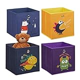 Relaxdays 4er Set Kinder Aufbewahrungsboxen, Tier-& Monstermotive, Faltbox für Würfelregale HBT: 30 x 30 x 30 cm, bunt