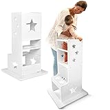 Kids Woody Star® Lernturm ab 1 Jahr Höhenverstellbar [EXTRA SICHER] Learning Tower Lernturm Montessori | Tritthocker Kinder | Schemel Lernstuhl Lerntower | Weiß