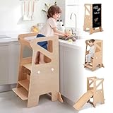 Labebe Lernturm für Kinder, Montessori Learning Tower mit Rutsche, 4-in-1 Verstellbare Höhen Lernturm mit Kreidetafel, Multifunktion Kinder Lernstuhl Tritthocker für Küchentheke