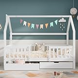 Merax Kinderbett Hausbett mit Schornstein |Zwei Aufbewahrungsschubladen | Robuste Lattenroste |Kiefernholz Haus Bett for Kids, 90 x 200 cm ohne Matratze (Weiß+2schubladen, 90 x 200 cm)