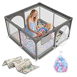 Laufstall Baby mit Matte, Laufgitter Baby mit Atmungsaktivem Netz und Reißverschluss für Wohnungen, Kleinkinder Laufstall mit 4 Saugnäpfen, Innen&Außen (120 * 120cm)