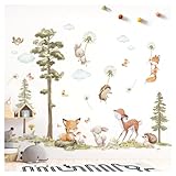 DEKO KINDERZIMMER Wandtattoo Waldtiere Baum Wandsticker Fuchs Hase REH Wandaufkleber Babyzimmer Pusteblume Kinderzimmer Wanddeko DK1137-02