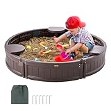 VEVOR Sandkasten mit Abdeckung, runder Sandkasten, HDPE-Sandgrube mit 3 Ecksitzen & Bodenauskleidung, Kindersandkasten für Garten, Strand, für Jungen & Mädchen im Alter von 3–12 Jahren, braun