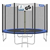 SONGMICS Trampolin Ø 366 cm, Gartentrampolin für Kinder mit Sicherheitsnetz, Randabdeckung, Leiter, 180 cm hohe gerade Stangen, Stahlrahmen, blau STR124V1