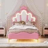 Zravenna Bett für Mädchen Prinzessin 90x200 cm Rosa, Einzelbetten Polsterbett, Jugendzimmer Jugendbett mit Kronenförmiges Polster Kopfteil & Weicher PU-Leder-Polsterung