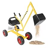 Lemodo Sitzbagger mit Reifen, Sandbagger 360° drehbar, Kinderbagger mit Schwenk- und Greiffunktion, Spielzeugbagger mit Schaufel, Kinderbagger mit Rädern, Kinder Sandspielzeug, Bagger für Sandkasten