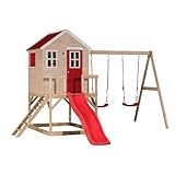 Wendi Toys M28R Gartenhaus Kinder mit Rutsche und Schaukeln, 330 x 405 x 242 cm, Grau, FSC Holz, Spielhaus Outdoor, Kinderspielplatz mit Klettergerüst und sicherem Aufbau, Stelzenhaus draussen
