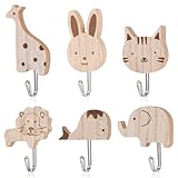 HJZHII 6 Stück Süße Tier Kleiderhaken, Selbstklebende Hölzerne Tier Cartoon Wandhaken Elefant Wal Katze Löwe Kaninchen Giraffe Garderobenhaken Kinder Für Schlafzimmer Badezimmer Küche