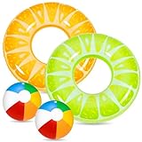 Chennyfun 4 Stück Aufblasbare Schwimmringe, Schwimmreifen für Kinder Erwachsene mit Sommer Obst, Zitrone und Orange + 2 Strandbälle, Kinder Luftmatratze Schwimmhilfe Wasserspielzeug für Pool Strand
