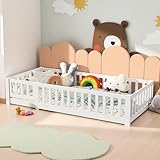 PerGar Kinderbett Bodenbett 90x200 cm, Montessori Bett mit Rausfallschutz & Lattenrost, Jugendbett Einzelbett, Kleinkindbett, für Jungen & Mädchen, Kiefernholz, Weiß