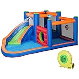 Outsunny Aufblasbare Hüpfburg Wasserpark mit Gebläse Hüpfburg mit Wasserrutsche Basketballkorb Aufblasbare Wasserspielcenter für Kinder ab 3 Jahren Trampolin Pool 380 x 340 x 170 cm