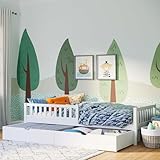 Bellabino Kinderbett Vils 90x200 cm mit Schublade, Einzelbett inkl. Lattenrost aus Kiefer Massivholz, Kinder Bett mit Rausfallschutz, Bett 90x200 in Weiß lackiert