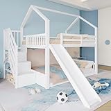 140x200cm Etagenbett mit Stauraumtreppe und Rutsche, Hausbett, Weiß Kinderbett mit Geländer, geeignet für Kinder, Jugendliche