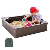 VEVOR Sandkasten mit Abdeckung, quadratischer Sandkasten, HDPE-Sandgrube mit 4 Ecksitzen & Bodenauskleidung, Kindersandkasten, Geschenk für Jungen und Mädchen im Alter von 3–12 Jahren, braun