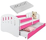Kinderbett 160x80 mit Matratze, Schublade, Rausfallschutz & Lattenrost in pink 80 x 160 Mädchen Jungen Bett Skandi