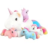 SQEQE Niedliche Einhorn Stofftiere mit 4 Baby Einhorn Plüschtiere in ihrem Bauch, Regenbogen Fliegendes Einhorn Plüschkissen Spielzeug mit Flügeln, Valentinstag Geburtstagsgeschenke für Jungen Mädchen