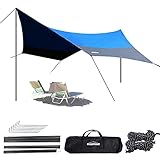 OVERMONT 5m x 5m Sonnensegel Camping Plane wasserdichte Zeltplane Sonnenschutz Sun Shelter Außenzelt mit Zeltheringen Seile und Stangen für Camping Outdoor Wandern Bergsteigen Picknick Blau/Grün