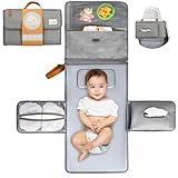 Wickelunterlage für unterwegs kompakte Wickelauflage XL - Kombinierbare abnehmbare Wickeltasche mit 6 Fächern, Tuchspender und bequemes Kissen für den Kopf Ihres Babys (Grau).