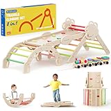 COSYLAND Klettergerüst Indoor L – Großes Kletterdreieck Set mit Kletterbogen & Rutsche – 8-in-1 Massivholz-Spielplatz für Kinder ab 18 Monaten – Warmfarben