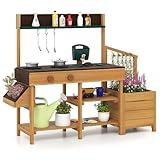 COSTWAY Matschküche Kinder Outdoor, Kinderküche mit Pflanzkasten & Rankgitter, Holzküche mit Wasserfunktion, Garten Spielküche, Outdoorküche inkl. Zubehör für Kinder ab 3 Jahren (Natur + Braun)