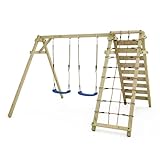 Wickey Smart Cliff Kinderschaukel, Schaukelgestell, Schaukel, Schaukelgerüst, Doppelschaukel, Holzschaukel mit Kletteranbau für Kinder im Garten mit 2 Schaukelsitzen - blau
