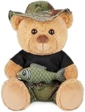 BRUBAKER Teddybär Angler mit Fisch und Anglerhut - 25 cm Teddy Kuscheltier - Stofftier Geschenk für Angler und Outdoor Fans - Plüschbär Glücksbringer für Angelfreunde - Hellbraun Camouflage
