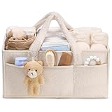 Tuocal Wickeltisch Organizer, Baby Windel Caddy Organizer Korb mit Fächern & Griffen, Tragbarer Baby Aufbewahrungskorb für Windeln und Feuchttüche, Geschenk für Babyparty, Beige