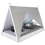 Homestyle4u, Bodenbett Hausbett Kinderbett 90x200 Weiß Grau mit Sterne Montessori Bett mit Lattenrost für Kinder Tipibett Holz massiv
