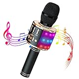 Wowstar Karaoke Mikrofon Kinder, Drahtloses Bluetooth Mikrofon Karaoke mit LED-Leuchten, Tragbares Home Party Karaoke Dynamische Mikrofon für iPhone/Android/PC (Schwarzes Gold)