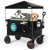 PORTAL Bollerwagen faltbar mit Dach 350L 122KG Klappwagen Handwagen klappbar schnellspannere breite Reifen mit Getränkehalter Sonnenschutz für Ausflug Strand Camping Einkaufen