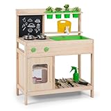 COSTWAY Matschküche Kinder, Outdoor Spielküche inkl. Zubehör mit Kreidetafel, Herd, Wasserhahn, Spüle, Blumentöpfen, Outdoorküche Massivholz, Gartenküche für Kinder ab 3 Jahren