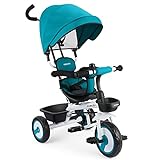Fascol Baby Dreirad 4 in 1 Kinderdreirad Tricycle für Kinder ab 12 Monate bis 5 Jahren mit Abnehmbarer Sonnendach&Schubstange Dreiräder mit Becherhalter,Blau