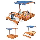 DREAMADE 3 in 1 Sandkasten aus Tannenholz, Sandkiste mit ausklappbarem Picknicktisch & 360° verstellbares Vordach, Kinderspielplatz für Garten, Hinerhof, Strand