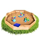 Coemo 8-eckiger Sandkasten Larry L Holz Braun inkl Blaue Abdeckplane, Schwarze Bodenplane 160x160x23 cm Sandkiste 4 Sitzbretter, Buddelkasten für Garten und Terrasse