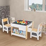 Asweets Kindertisch mit 2 Stühlen, Spieltisch Multifunktionale Aktivitätstisch mit Wendbarer Tischplatte, Bücherregalen, Kindersitzgruppe Holz, Maltisch für Kleinkind Mädchen Jungen mit Stauraum