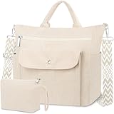 BTNEEU Cord Tasche Damen Shopper Tasche Groß Corduroy Tote Bag Strandtasche mit Reißverschluss Laptoptasche Uni Tasches Wickeltasche Handtasche Cord Umhängetasche Damen für Schule Arbeit Reise (Beige)