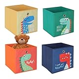 Relaxdays 4er Set, Kinder Aufbewahrungsboxen, süße Dino-Motive, Faltbox für Würfelregale, HBT: 30x30x30 cm, Textil, bunt