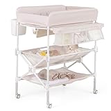 COSTWAY 5 in 1 Wickelkommode, Wickeltisch klappbar, Wickelstation höhenverstellbar mit Seitenkorb, Regalen & Mülleimer, tragbares Baby Changing Table mit Rollen für Neugeborene & Säuglinge (Beige)