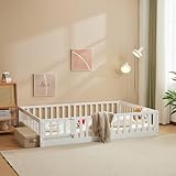 LALAHO 2in 1 Bodenbett Montessori Kinderbett mit freiem Tor，mit Rausfallschutz & Lattenrost，Gitterbett Kinder Jugendbett Einzelbett（weiß 90×200）- 2 Größen, bis zu 300 kg Tragfähigkeit, Umbaubar